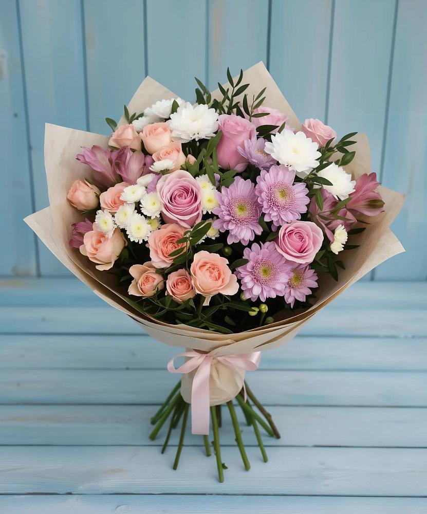 Букет цветов из: Хризантемы, Розы и Альстромерии в Пригорске
