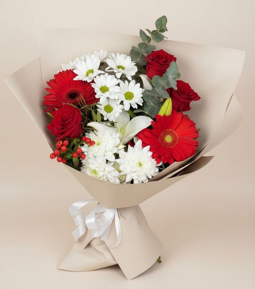Букет цветов из: Розы, Хризантемы, Герберы и Лилии в Пригорске