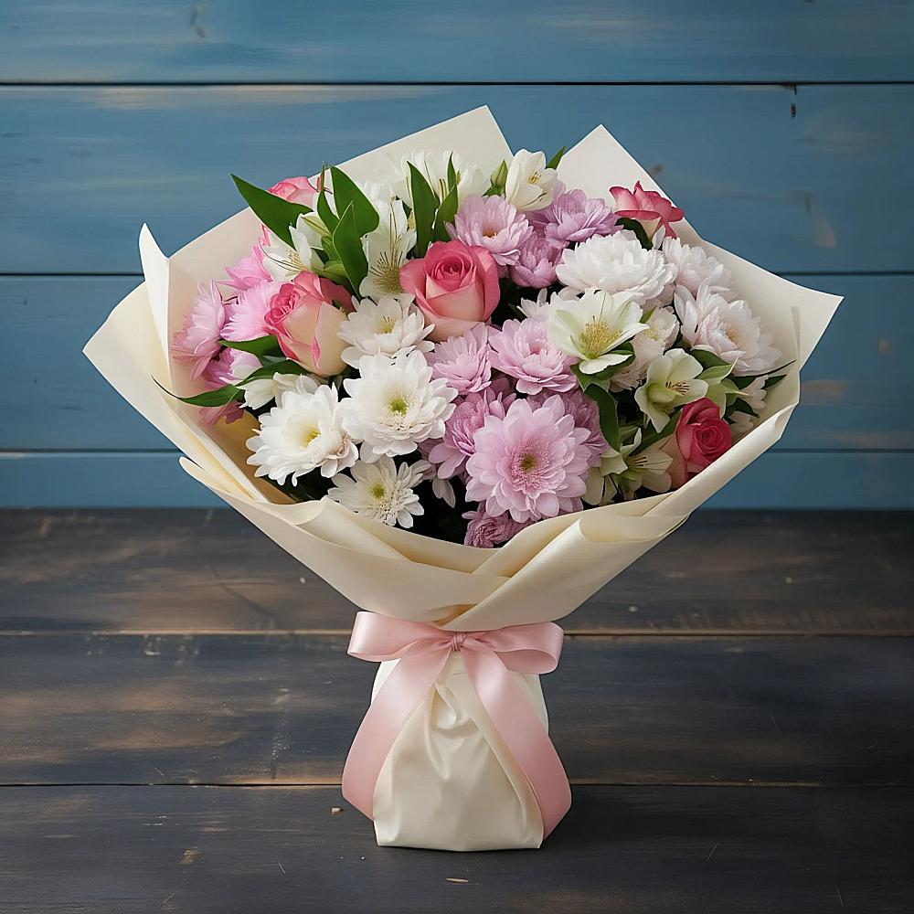 Букет цветов из: Хризантемы, Альстромерии и Розы в Пригорске